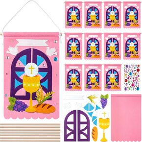 WATINC First Communion Banner Kit - 12 Set Holy 1st Communion Felt Banner Kit Baptism Christian Cross DIY Craft Decorations, Make Your Own Sunday School Church Hanging Crafts Supplies for Boys (Blue)