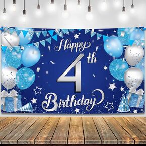 KatchOn Xtralarge Blue Happy 4th Birthday Banner - 72x44 Inch | Birthday Decor Backdrop for 4 Year Old Boy
