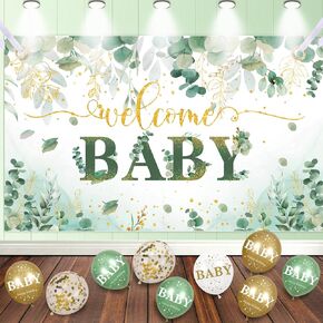 Sage Greenery Baby Shower Decorations Eucalyptus Baby Shower Backdrop Neutral Welcome BABY Banner Sign for Boys Girls Newborn Party Photo Booth Props Baby Shower Party Supplies