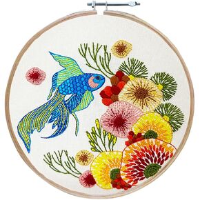 Embroiderymaterial Embroidery Kit Fish in Coral Design Digital Printed & Written Instructions All Material Included