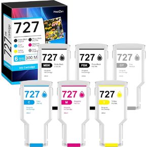 727 Ink Cartridges 300ml (6 Pack, PBK/MBK/G/C/M/Y) F9J79A C1Q12A F9J80A F9J76A F9J77A F9J78A High Yield Replacement for HP 727 Ink Cartridge for DesignJet T2500 T930 T920 T1500 T2530 T1530 Printer Ink