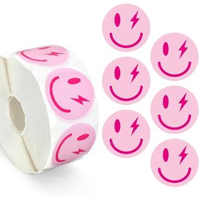Whaline 1000Pcs Preppy Funny Face Stickers Roll Pink Happy Face Round Decal Stickers Reward Self-Adhesive Stickers for School Teachers Preppy Party Favor Supplies
