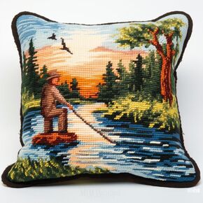 Latch Hook Pillowcase Kits Fishing Man Latch Hook kit Pillow Cover Adukt Pillow Embroidery Craft Kits for Beginner DIY Latch Hook Rug Kit with Printed Canvas Christmas Decoration 43x43cm(51)