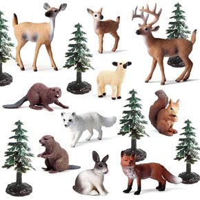 20PCS Plastic Forest Animals Figures, Realistic Woodland Creatures Figurines Miniature Toys Animal Tree Kit Wild Animal Toys Gift for Kids Toddlers, Party Favors Cake Topper Diorama Supplies