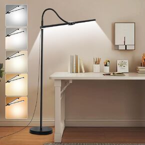 Dual Head LED Floor Lamp for Office, 5 Color Modes & 5 Brightness Settings, 15W 5V 3A, Gooseneck Standing Lamp for Living Room, Bedroom, Ideal for Lash Extensions and Crafts, Eye-Friendly Lighting