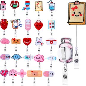 Riceshoot 25 Pcs Felt Nurse Badge Reel Cute Retractable Badge Holders Brain Heart Nursing ID Label Holder with Alligator Clip for Office Hospital Doctor Teacher, 25 Designs