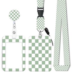 ID Badge Holder with Retractable Lanyard and Keychain, Badge Reel with Rotate Carabiner Clip,Sage Green Checkered Card Name Tag Lanyard ID Protector Bage Clips for Student, Women, Office