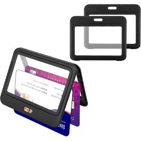 3 Pack ID Badge Holder with Double-Sided Windows Hard Plastic Horizontal ID Card Holder Black ID Card Case Protector for Office Conference ID Credit Card