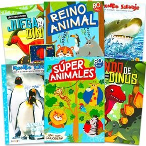 Game Party Spanish Animals, Sharks, and Dinosaurs Bundle with 6 Pc Coloring Book Set with Bonus Stickers ~ Libro de Colorear de 6 Piezas de Animales, Tiburones, y Dinosaurios con Pegatinas