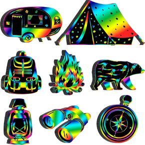 RoundFunny 80 PCS Camping Scratch Cards for Kids Camping Party Supplies Colltull Scratch Painting Off Paper DIY Art Craft Kit With 40 pcs stick and Ribbon for Birthday Party Decor