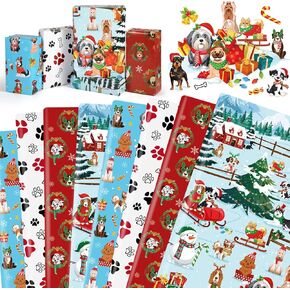 HOWAF 8 Dog Christmas Wrapping Paper, Cute Christmas Wrapping Paper Paw Christmas Gift Wrapping Supplies, Christmas Wrapping Papers for Birthday Funny Christmas Festival Present Decor