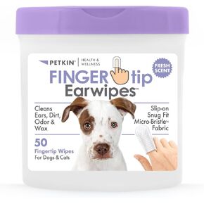 Petkin Fingertip Ear Wipes for Dogs and Cats, 50 Finger Wipes - Slip-On, Snug Fit, Micro-Bristle Fabric - Cleans Ears, Dirt, Odor and Wax - Convenient, Ideal for Home and Travel - Fresh Scent