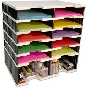 Ultimate Office Desktop Organizer 10 Letter Tray Sorter PLUS Riser Storage Base for Easy Access to Lower Slots, Desk Accessories & Supplies. Optional File Topper & Drawers