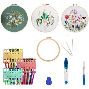 Embroidery Starters Kit with Pattern, 3 Pack Cross Stitch Kits for Beginners Adults, Embroidery Kit with Instruction, Needlepoint Kits for Adults with Stamped Embroidery Patterns