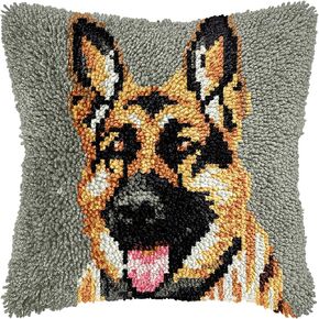 German Shepherd Latch Hook Kits Pillow Color Printed Canvas Cushion Crochet Yarn Needlework Hook Latch Kit DIY Embroidery Pillowcase Rug Cover Home Sofa Christmas Decoration 43x43cm(3)