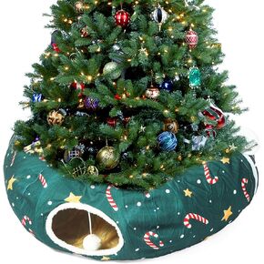 LUCKITTY Cat Tunnel Bed in Christmas Style with Star, Crutches Candy, and Snowflakes Patterns - 3FT x 3FT x 9.8 INCH Size Green Decorative for Festive Felines