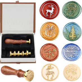 6pcs Christmas Wax Seal Stamp Set, Sealing Wax Copper Stamps + 1 Wooden Handle, Wax Stamp Kit (Christmas Tree,Deer,Santa Claus,Snowflakes) for Xmas Gift Birthday Cards Envelopes (Xmas)