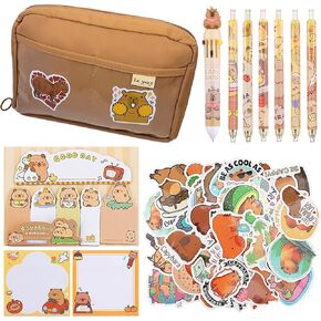 Capybara School Supplies Set Includes Large Capybara Pencil Pouch Multicolor Pen 4 Adorable Capybara Pens 11 Sticky Notes Capybara Stickers Cute Capybara Stationery Gift for School Office Supplies