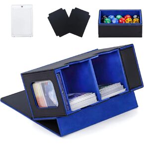 Commander Deck Box for MTG, Card Deck Box with Dice Tray and Display Window, Fits 200+ Double-Sleeved Cards, Magnetic Leather Trading Card Storage Case for Magic Game Cards (Black & Blue)