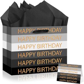 Large Happy Birthday Gift Bags Black Gold Stripes Happy Birthday Bags with Gold Tissue Wrapping Paper and Greeting Card with Handles for Men Women Kids Boys Girls Birthday Party Decoration Supplies
