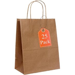 Saan-Pack Medium Brown Gift Bags with Handles, 8" x 4.5" x 10.25" - 50 Pack, Ideal for Parties, Favors, School Events