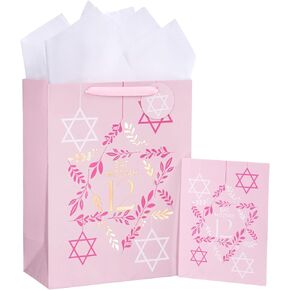 Loveinside Gift Bag with Tissue Paper, Gift Tag and Greeting Card for Bat Mitzvah, 12th Birthday, Party, and More - 10" x 5" x 13", 1 Pcs, Pink Star of David