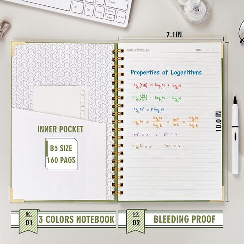 Lined Spiral Notebook with thick 110 GSM Papers, 320 Pages B5 Size College Ruled Notebook, Hardcover 7.1 x 10 Inches Journal for Women and Men, Notebooks for work, School, 2 Pack Grey Green in Saudi Arabia