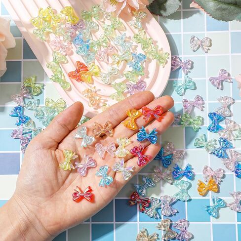 100pcs Acrylic Bow Beads, Transparent Mixed Color Bowknot Aesthetic Beads Colorful Pretty Beads Bow Charms for DIY Bracelet Necklace Earring Keychain Crafts Jewelry Making(Color A) in Saudi Arabia