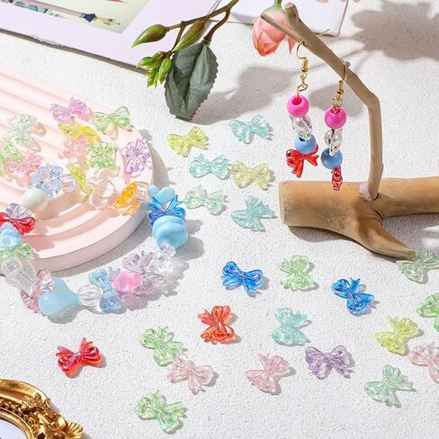 100pcs Acrylic Bow Beads, Transparent Mixed Color Bowknot Aesthetic Beads Colorful Pretty Beads Bow Charms for DIY Bracelet Necklace Earring Keychain Crafts Jewelry Making(Color A) in Saudi Arabia
