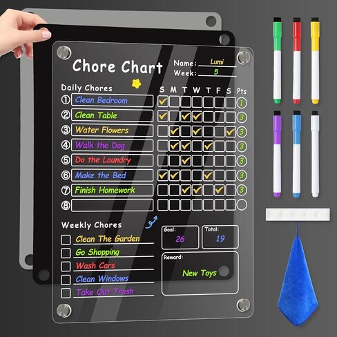 Acrylic Magnetic Chore Chart for Kids, Transparent Erasable Reward Chart for Teens and Adults Chore Checklist with 6 Markers and Towel in Kuwait