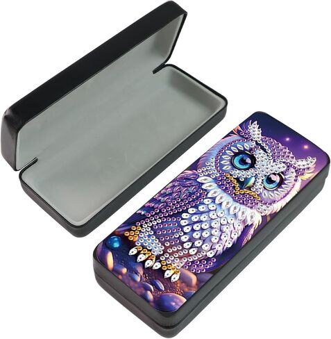 5D diamond art painting kit glasses case, purple owl DIY glasses storage box, leather handmade diamond craft gift glasses case in Kuwait