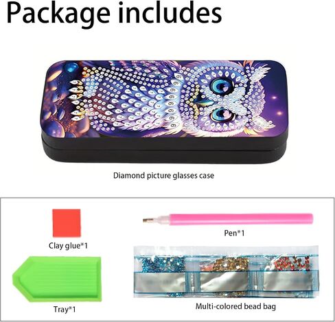 5D diamond art painting kit glasses case, purple owl DIY glasses storage box, leather handmade diamond craft gift glasses case in Kuwait