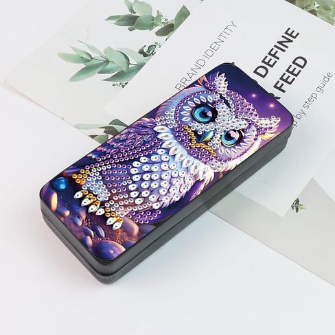 5D diamond art painting kit glasses case, purple owl DIY glasses storage box, leather handmade diamond craft gift glasses case in Kuwait