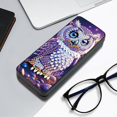 5D diamond art painting kit glasses case, purple owl DIY glasses storage box, leather handmade diamond craft gift glasses case in Kuwait
