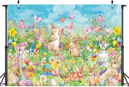 Hello Spring Easter Backdrop Spring Rabbits Eggs Happy Easter Day Party Decoration Photo Prop Booth Indoor Outdoor(7×5FT) in Kuwait