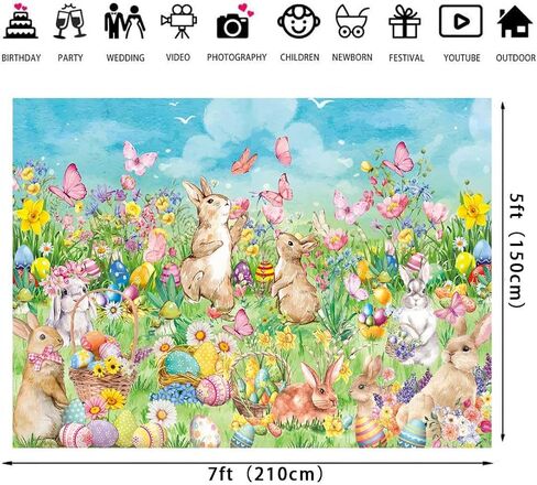 Hello Spring Easter Backdrop Spring Rabbits Eggs Happy Easter Day Party Decoration Photo Prop Booth Indoor Outdoor(7×5FT) in Kuwait