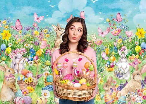 Hello Spring Easter Backdrop Spring Rabbits Eggs Happy Easter Day Party Decoration Photo Prop Booth Indoor Outdoor(7×5FT) in Kuwait