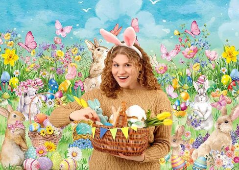 Hello Spring Easter Backdrop Spring Rabbits Eggs Happy Easter Day Party Decoration Photo Prop Booth Indoor Outdoor(7×5FT) in Kuwait