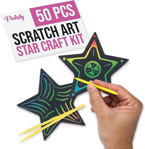 Podzly 50 Pcs Scratch Art Star Craft Kit - Magic Rainbow Color Scratch Art for Kids - DIY Star Ornament for Christmas & Easter - Art Supplies Kit for Classroom Activities,Daycares, Party Games & More in Saudi Arabia