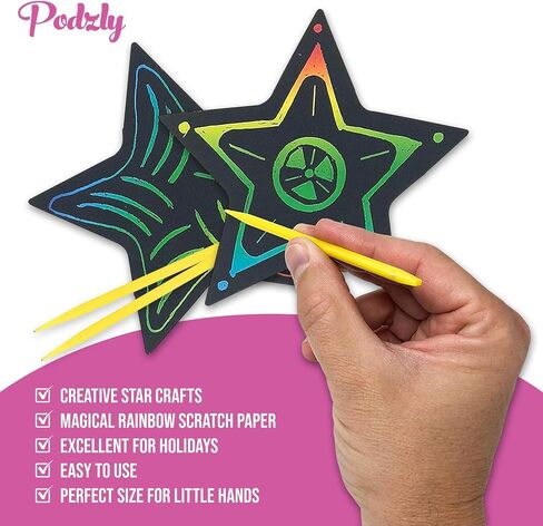 Podzly 50 Pcs Scratch Art Star Craft Kit - Magic Rainbow Color Scratch Art for Kids - DIY Star Ornament for Christmas & Easter - Art Supplies Kit for Classroom Activities,Daycares, Party Games & More in Saudi Arabia