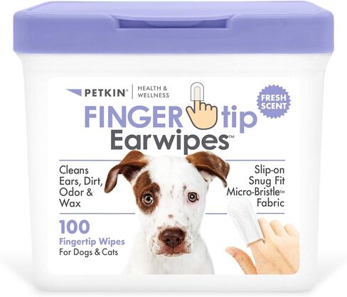Petkin Fingertip Ear Wipes for Dogs and Cats, 50 Finger Wipes - Slip-On, Snug Fit, Micro-Bristle Fabric - Cleans Ears, Dirt, Odor and Wax - Convenient, Ideal for Home and Travel - Fresh Scent in Kuwait