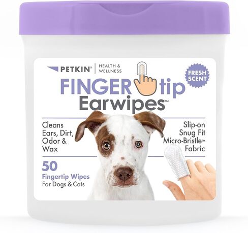 Petkin Fingertip Ear Wipes for Dogs and Cats, 50 Finger Wipes - Slip-On, Snug Fit, Micro-Bristle Fabric - Cleans Ears, Dirt, Odor and Wax - Convenient, Ideal for Home and Travel - Fresh Scent in Kuwait