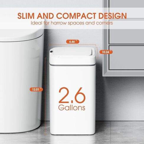 CEROELDA 2 Pack Motion Sensor Bathroom Trash Can with Lid, 2.6 Gallon Small Smart Automatic Touchless Garbage Can, Slim Waterproof Plastic Wastebasket for Bedroom Office Toilet, White in Saudi Arabia