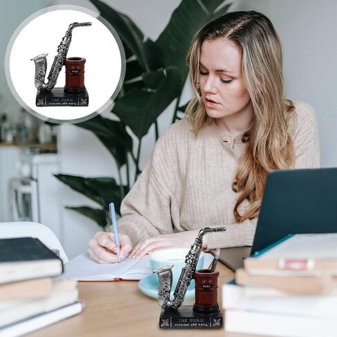 Makeup Decor Resin Pen Holder Saxophone Statue Pencil Cup Musical Pen Holder Makeup Holder Office Desktop Organizer Container Bookshelf Decoration Dresser Decor in Saudi Arabia