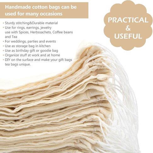50 Pieces Cotton Drawstring Tea Filter Bags, Reusable Muslin Bag Gift Bag Jewelry Pouch for Wedding Party Home Supplies, Natural Unbleached Coffee/Tea/Herbs/Soup Bags (3 by 4 Inches) in Kuwait