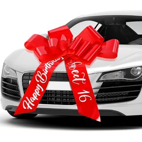 Happy Birthday Car Bow Sweet 16 Big Car Pull Bow 30 Inch Giant Car Gift Wrapping Bow for Birthday Party Car Decorations(Rose Red)