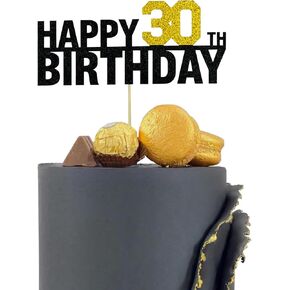 Happy 30th Birthday Cake Topper, Glitter 30th Birthday Cake Decoration, Perfect for 30th Birthday Cake Decor and Party Decorations (Black and Gold)