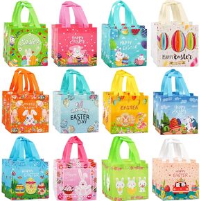AerWo 24PCS Easter Bags with Handles, 12 Styles Non Woven Happy Easter Goodie Bags Reusable Easter Egg Hunt Bags, Colorful Easter Tote Bags for Kids Cute Bunny Easter Party Favor Bags, 8x8x6 Inch