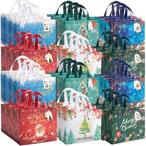 18Pcs Bags with Gift Tags, Large Reusable Shopping Bags with Santa Claus, Christmas Tree, Snowman Pattern for Christmas Party, Surprise