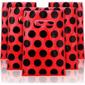 Teling 100 Pcs Ladybug Gift Bags Watermelon Ladybug Party Supplies Party Birthday Plastic Red Black Polka Dot Bags for Candy Wedding Baby Shower Decorations